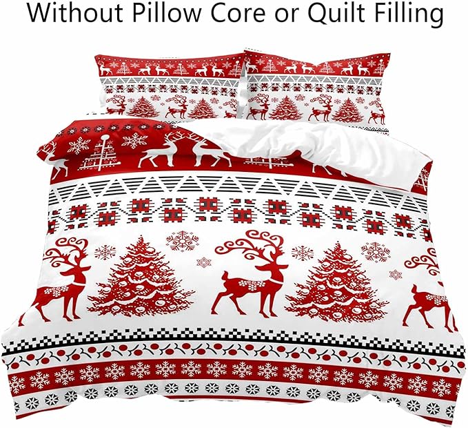 LUVIVIHOME 2PCS Christmas Duvet Cover Twin Bedding Sets, Red and White Striped Duvet Cover, Reindeer Deer Christmas Tree Snowflake Winter Holiday Xmas New Year Comforter, 1 Pillow Sham