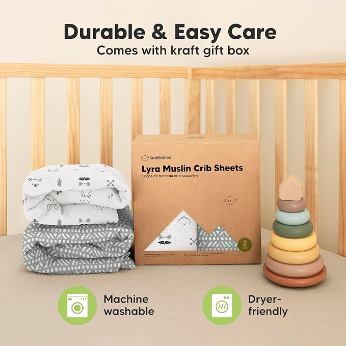 KeaBabies 2-Pack Muslin Crib Sheets for Boys, Girls - 100% Organic Cotton Fitted Baby Crib Mattress Sheet, Soft Breathable Standard Toddler Bed Cover Bedding Set, Neutral, Durable 52x28 (Nordic)