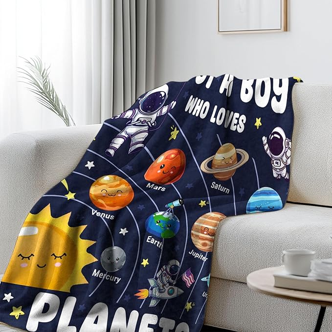 Just A Boy Who Loves Planet Solar System Space Blanket Gifts for Planets Lovers, Cute Planets Blanket Gifts for Christmas, Planet Birthday Gifts for Boys Son Men on Sofa Couch Bed 50"x 60"
