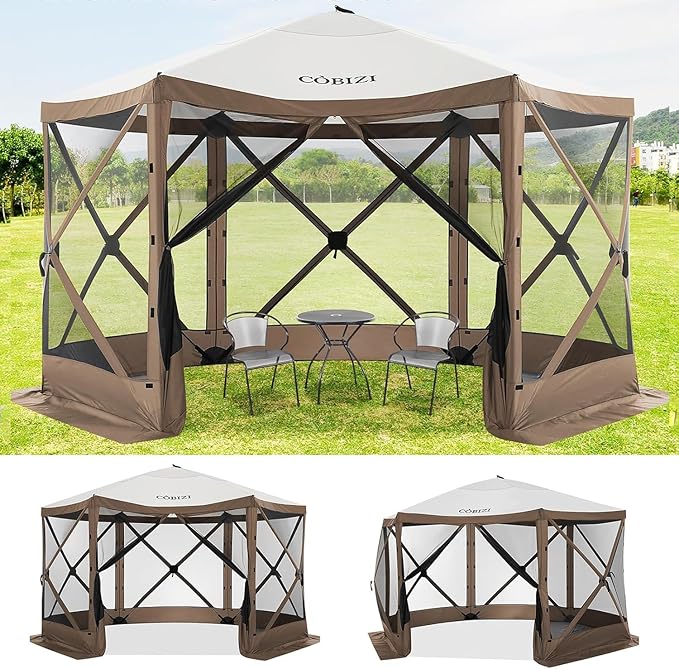 COBIZI 12x12ft Pop up Gazebo Screen Tent Screen House for Camping, Camping Outdoor Screened Gazebo, Canopy Tent,Portable Hub with Carrying Bag and Ground Stakes, BrownUpgraded 2.0