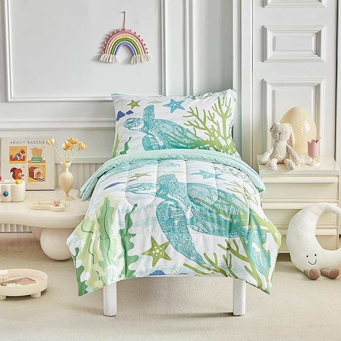 4 Pieces Sea Turtle Toddler Bedding Set for Boys Girls Teal Blue White Toddler Bed Set with Seaweed Starfish Soft Blue Cute Toddler Bed in a Bag with Sheet Set and Pillow Shams