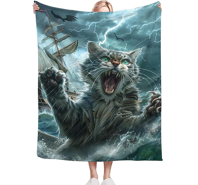 Funny Cat Blanket Nautical Boat Throw Blanket Ocean Gifts and Decor Cat Blanket for Girls Boys Women Men Kids Adults Soft Warm Cozy Fleece Blanket for Couch Sofa Bed 50"x40"