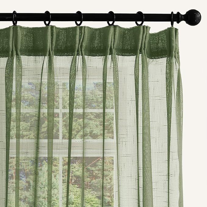Sage Green Linen Look Sheer Curtains 84 Inches Long 2 Panels, Rustic Textured Light Filtering Drapes, Elegant Window Decor, Pinch Pleat Curtain with Hooks