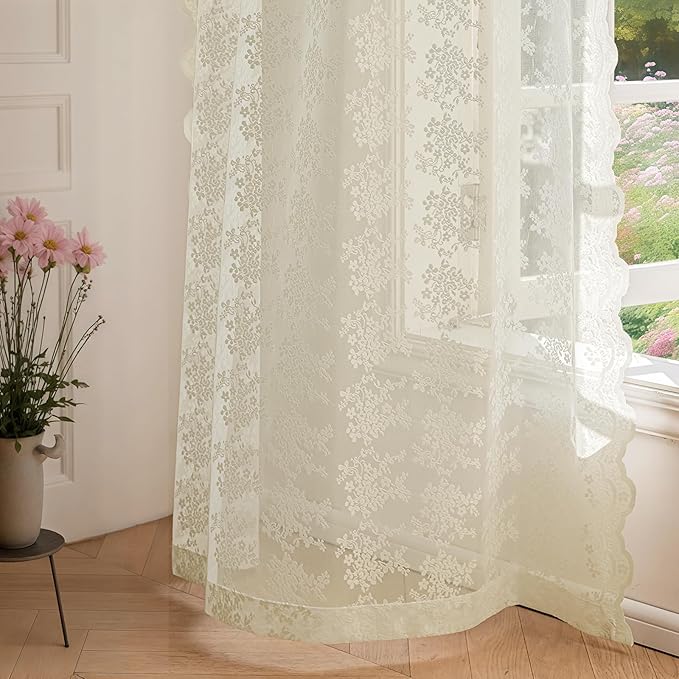 Anmao Vintage Lace Curtains 45 Inches Long 2 Panels Set, Romantic Elegant Light Filtering Semi Sheer Floral Thick Lacy Curtain Drapes for Living Room and Bedroom, Each Panel 55W x 45L, Ivory
