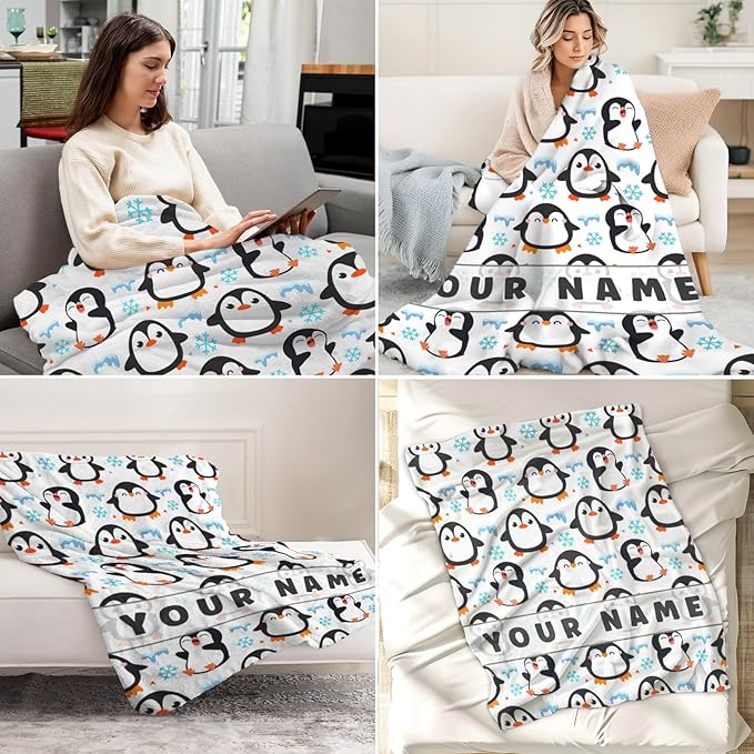 Custom Penguin Throw Blanket Gifts for Kids - 30" x 40" Inches Cute Penguin Blankets for Girls - White Soft Fuzzy Throws for Sofa, Lap & Office