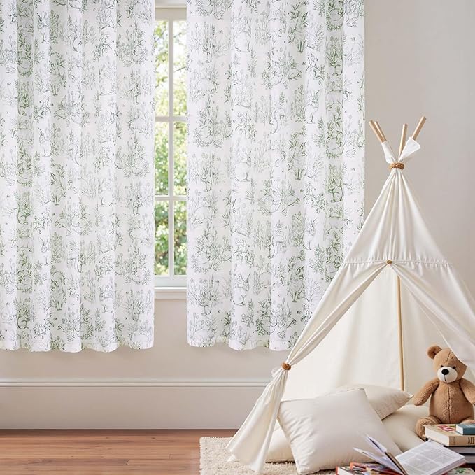 jinchan Linen Nursery Curtains 72 inch Long Woodland Wildlife Sage Green Print Drapes for Kid's Room Light Filtering French Country Farmhouse Curtains with Bunny and Forest Design Set of 2 Panels