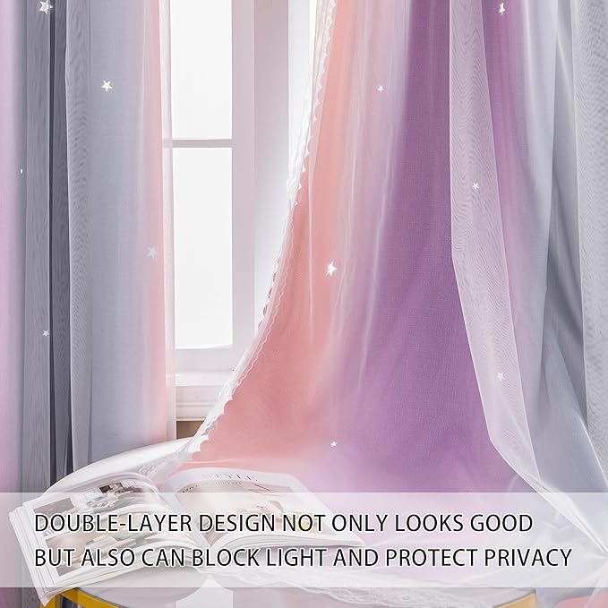 XiDi 90 Inches Curtains for Girls Bedroom 2 Panels Set, Blackout Rainbow Curtains for Kids Room Decor, Unicorn Wall Decals Drapes for Little Girl Nursery Room Grey/Pink/Purple 34 Inches Wide