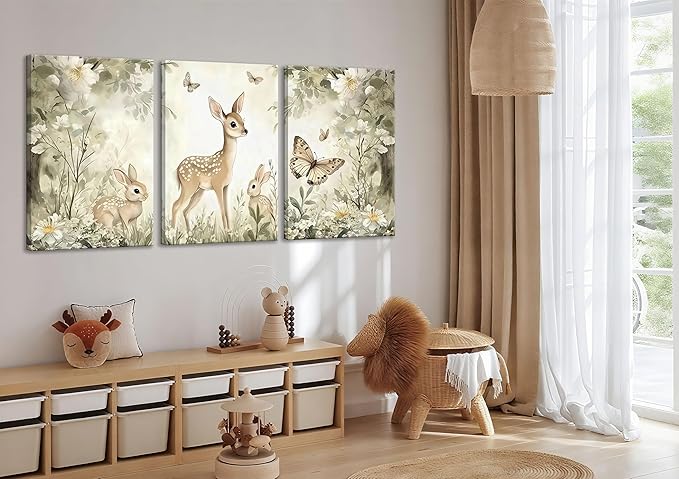 3Pcs Woodland Animal Nursery Canvas Wall Art Cute Forest Animal Wall Decor Pictures Deer and Butterfly Wildflowers Posters Prints for Nursery Bedroom Kids Room Home Decoration Prepare to Hang 16x24in