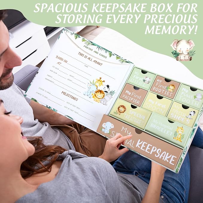 Baby Keepsake Box Newborn Memory Organizer with 9 Labeled Compartments First Keepsake Book Gift Box for Pregnancy Mother"s Day Baby Shower New Maternity (Green,Jungle Animal)