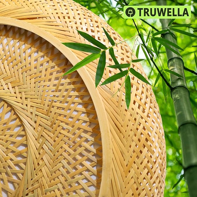 15.7 in Bamboo Woven Rattan-Style Ceiling Light, Boho Ceiling Light Fixture with Remote, LED Dimmable Ceiling Light, Boho Light Fixture for Bedroom Living Room Dining Room Light