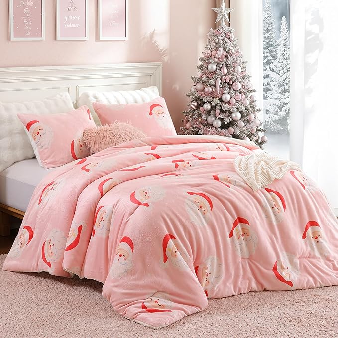 JANZAA Christmas Queen Comforter Set, Pink Flannel Comforter with Santa Pattern, Soft Cozy Lightweight Bedding Set Fluffy Comforter Set 1 Queen Comforter(90"*90") and 2 Pillowcases (20"*26")