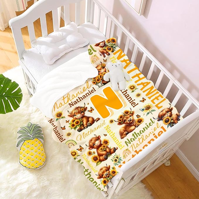 Personalized Custom Sunflower Highland Cow Preschool Blanket Gifts for Baby Toddler Kids Boys Girls Pets - Customized Sunflower Highland Cow Super Soft Flannel Sheets 30"x40" Decor for Crib Nap Couch