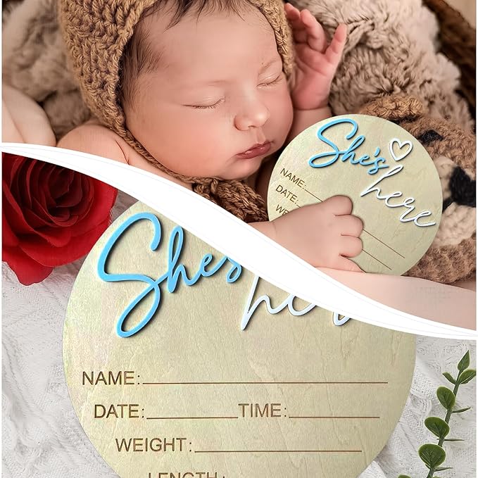 Baby Announcement Sign, 5.9 Inch Wooden Hello World Newborn Signs, Birth Announcement Sign, Gender Reveal Signs, She's here Decoration, Welcome Newborn Arrival To World, Hospital Nursery for Baby