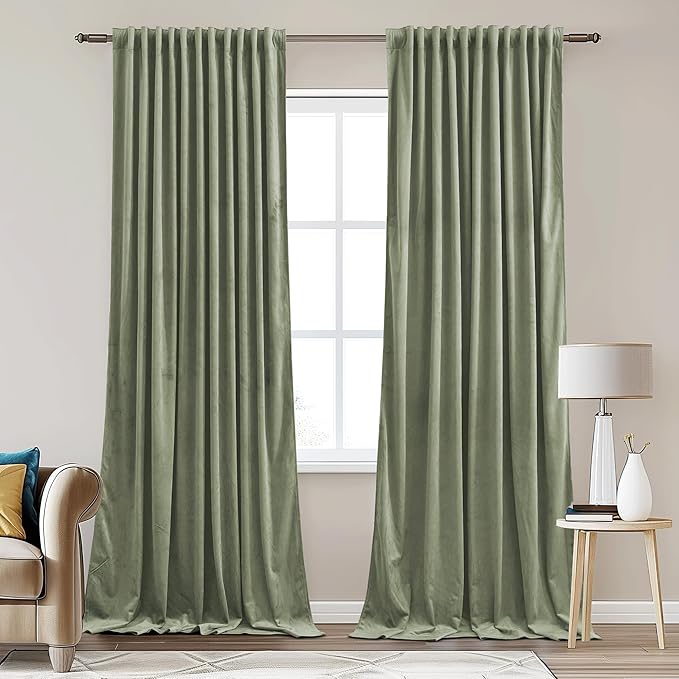 StangH 90 inch Length Sage Green Velvet Curtains Heavy Thick Privacy Room Dividers, Room Darkening Thermal Insulated Panels for Bedroom Dining Room, W62 x L90, 2 Panels