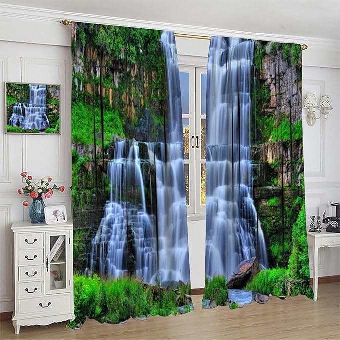 Nature Scenery Waterfall Blackout Curtains, Forest Waterfall Landscape Green Jungle Stone Falls Print Pattern Rod Pocket Window Drapes, for Bedroom Living Room 42" W X 54" L