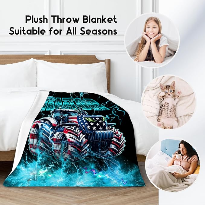 Kids Blanket Tractor Blankets Gifts for Toddler Boys, 50"x60" Fleece Soft Cozy Car Theme Throw for Couch Bed