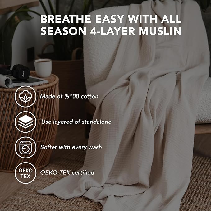 Goqan Muslin Blanket Twin 55x79 – 100% Cotton 4 Layer Boho Muslin Blanket for Adults, Lightweight, Soft, Breathable, for Bed, Couch - Beige