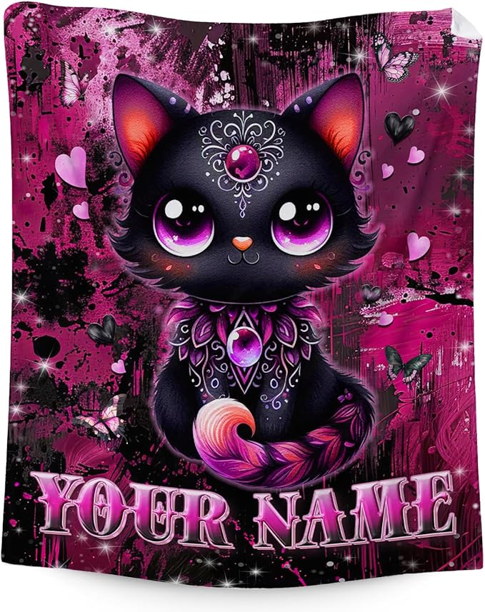 Personalized Cat Blanket for Women - 60" x 80" Cat Lover Gifts for Girls, Adults - Soft Plush Gothic Black Throw Stuff for Home, Sofa