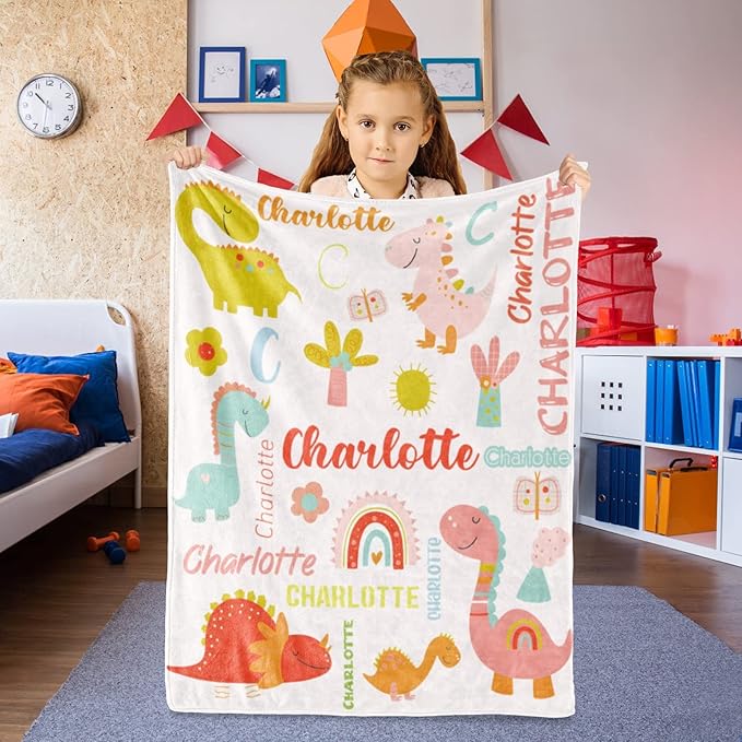 Personalized Dinosaur Blanket with Name for Girl, Custom Name Blanket for Kids, Soft Flannel Pink Dinosaur Toddler Blanket Customized Gift for Birthday Christmas Baby Shower Newborn Gift 60" X 80"