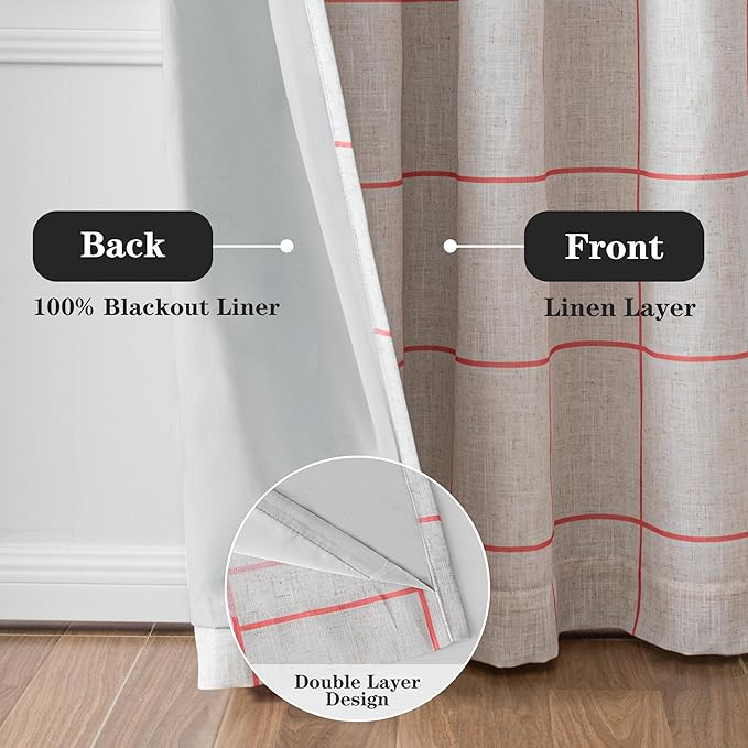 MYSKY HOME 100% Blackout Plaid Linen Farmhouse Curtains 63 Inches Long for Girls Bedroom Double Layer Thermal Insulated Striped Print Drapes with Rod Pocket Back Tab, 2 Panels, 52 x 63 Inch, Pink