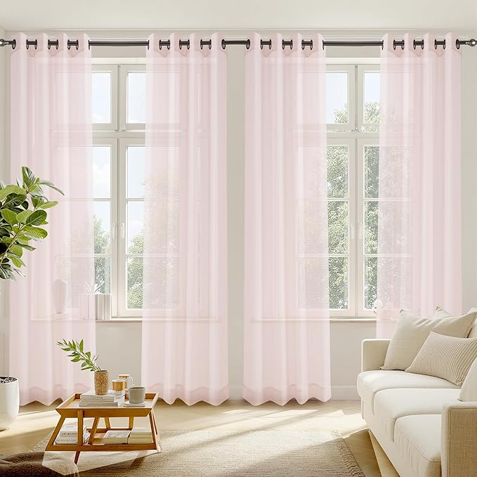 RYB HOME Voile Curtains for Living Room, Breathable Airy Lightweight Grommet Window Panels, Light Filtering Curtains for Living Room, Kids' Room, Peach Blush, 54" W x 84" L, Set of 4 Panels