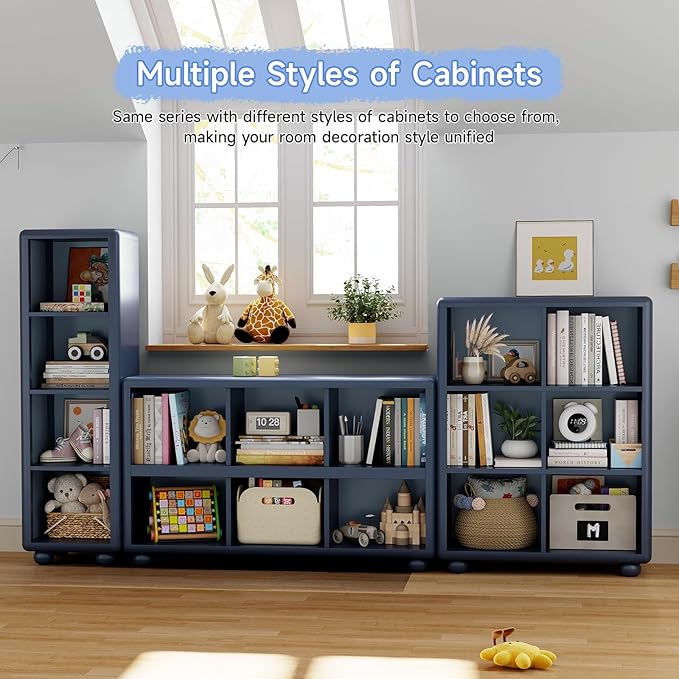 Kids Bookshelf, Large Wooden Bookcase with 6 Cube Storage, Girl Toy Storage Organizer Cabinet with Child Safe Paint&Thick Board, Boy Tall Book Shelves Nook for Office Playroom Living Room (Navy Blue)