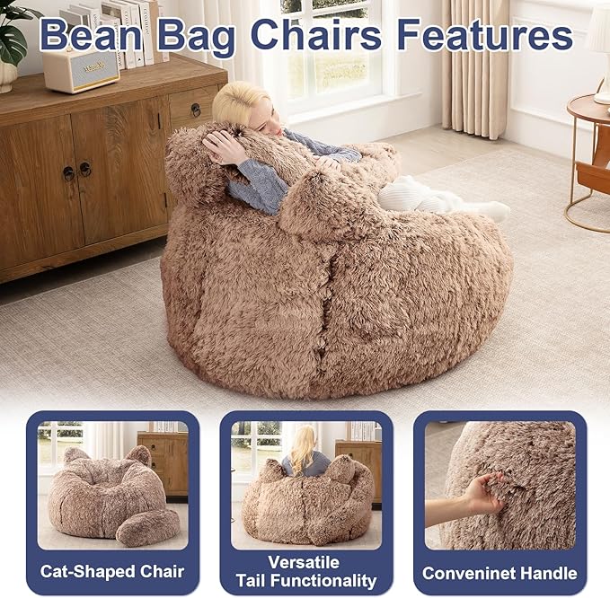 Bean Bag Chair for Adults Teens Giant Faux Fur Bean Bag Chairs with Filler Fluffy Plush Cat Shaped Beanbag Couch Comfy Accent Floor Sofa for Gaming, Reading in Living Room, Bedroom, Dorm