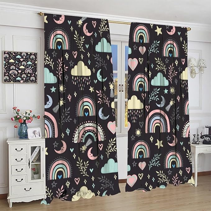 Boho Rainbow Curtains for Kids Nursery Colorful Floral Sun Star Clouds Pastel Bohemian Pattern Print Window Drapes for Girl Bedroom Living Room Kitchen Decor,2 Panel Set,63Wx72H Inch Blackout