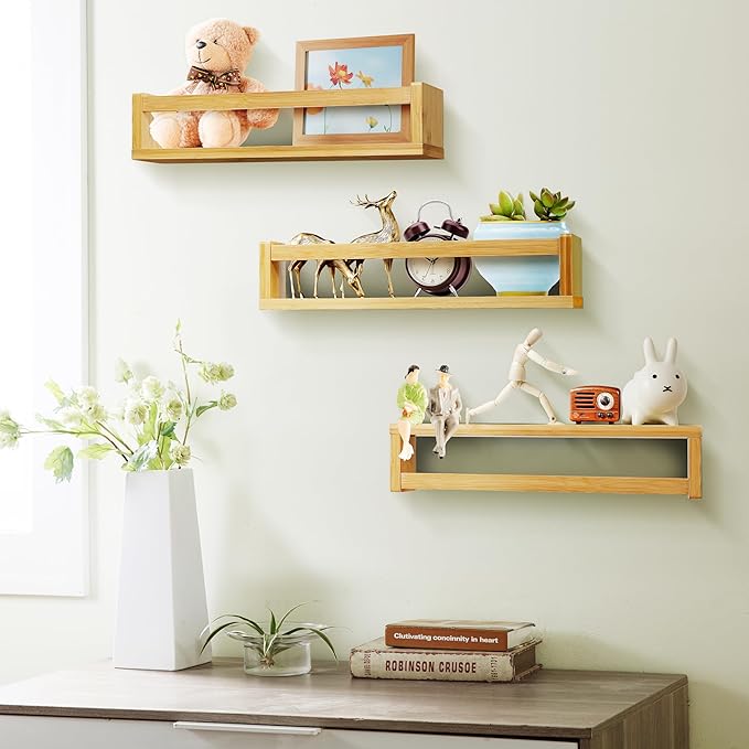 Ollieroo Set of Four Floating Book Shelves for Wall, Nursery Book Shelf for Kids Room, Bamboo Wood Hanging Bookshelf for Baby Teen Boys Girls, Wall Mounted Shelves for Bedroom Bathroom Decor(Natural)