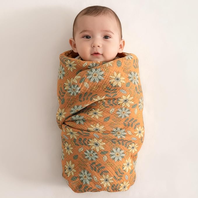 NTBAY 4 Layer Muslin Cotton Toddler Blanket, 30x40 Soft and Breathable Receiving for Newborns and Infants, Perfect for Crib, Stroller, Travel, Lightweight Nursery Blanket, Vintage Daisy Bloom