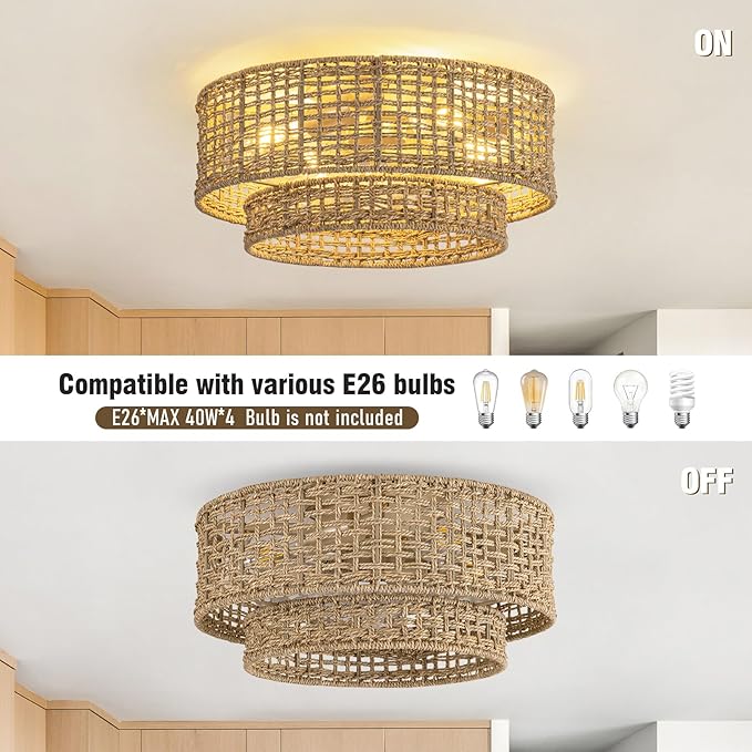 Boho Fandelier Ceiling Fan with Light,Rattan Caged Ceiling Fan with Light and Remote Control,Enclosed 6 Speeds for Bedroom, Living Room,Kitchen