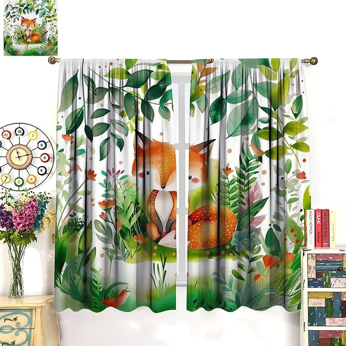 Kids Fox Blackout Curtain Cute Cartoon Fox Window Treatment for Girls Boys Bedroom Wildlife Woodland Animal Botanical Plant Window Drapes for Living Room Teens Nursery W63xL63