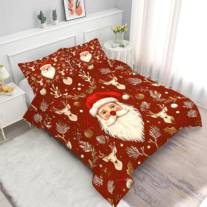 Red Christmas Comforter Set King Size Santa Claus Bedding for Girls Teen Women Xmas Reindeer Holiday Bedroom Quilt Bed Sets, 1 Comforter 2 Pillowcases