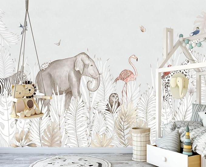 Elephant Zebra Animal Nursery Wallpaper Wall Mural 137" x 100"