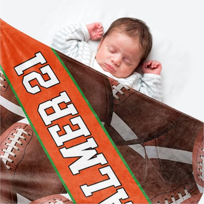 Personalized Football Baby Blanket Gifts: Custom Soft Flannel Fabric Blankets with Name Number for 0-6 Years Kids Boys Girls - Warm and Comfortable(40X50inch)