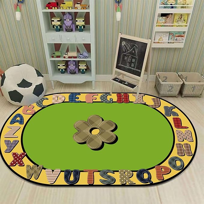 Children's Area Rugs, 3x4ft, Educational And Fun Rugs with ABC Alphabet, Early Learning Rug for Playroom Game Activity, Plaid Floral Non-Slip Soft Indoor Play Mat for Bedroom Nursery, Oval Rug