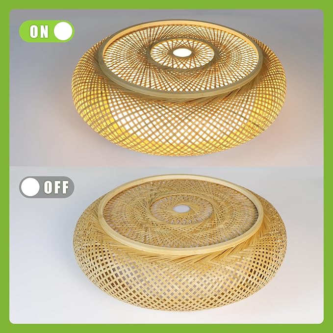 15.7 in Bamboo Woven Rattan-Style Ceiling Light, Boho Ceiling Light Fixture with Remote, LED Dimmable Ceiling Light, Boho Light Fixture for Bedroom Living Room Dining Room Light
