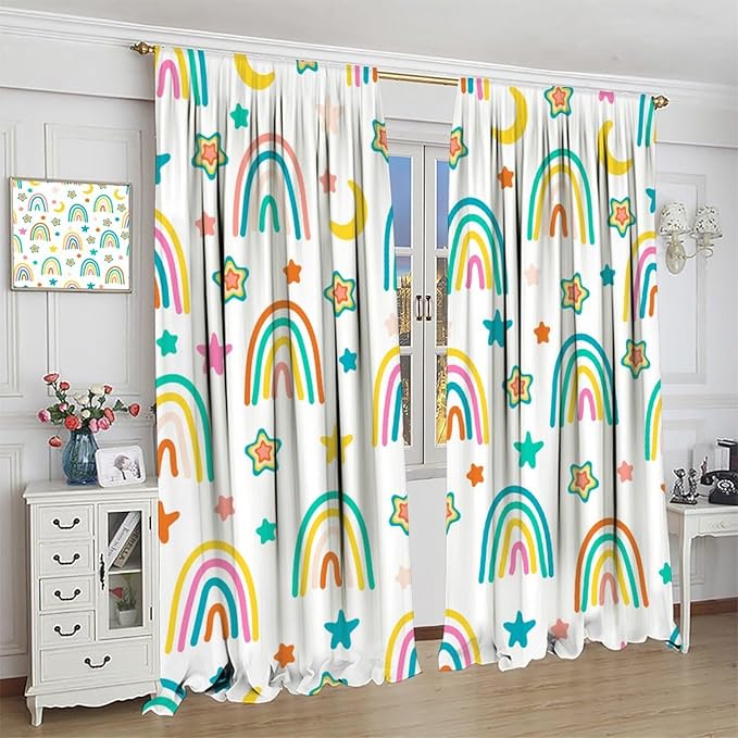 Kids Rainbow Curtains Cartoon Rainbow Abstract Bohemia Floral Lovely Stars Pattern Print Window Drapes for Girl Bedroom Living Room Kitchen Decor,2 Panel Set,42Wx45H Inch Blackout