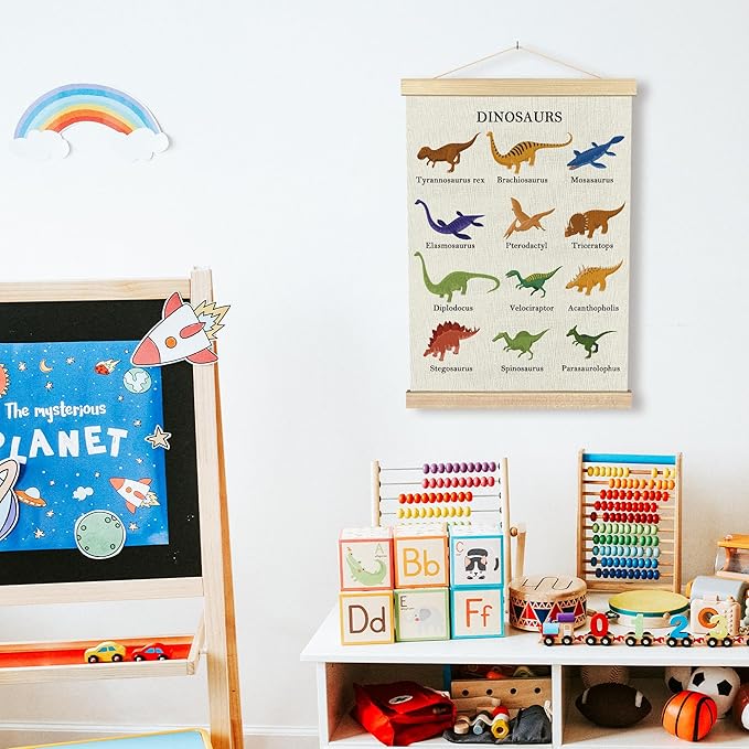 BCUANGD Dinosaur Dino Wall Decor - Baby Toddler Boys Room Wall Art Poster Hanger with Wood Frames, Inspirational Wall Hanging Canvas Decor for Kids Room Playroom Nursery Bedroom, 12x16 Inches