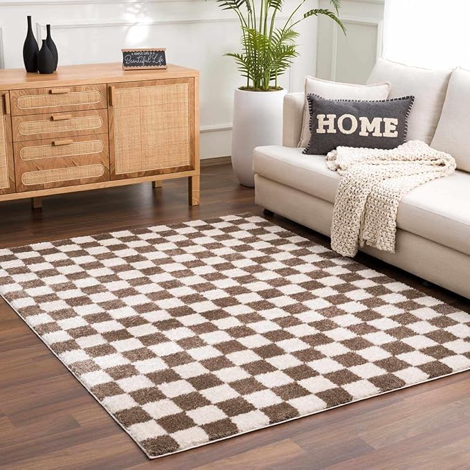 Hauteloom Canika Modern Checkered High Pile Area Rug - Contemporary Geometric Carpet for Living Room, Bedroom - Machine Washable Area Rug - Off-White, Dark Brown - 7'10" x 10'