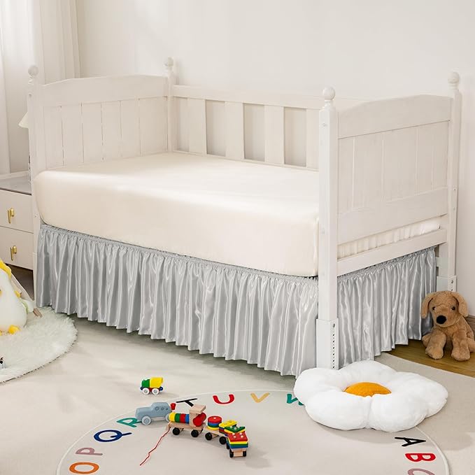 Light Grey Satin Crib Bed Skirt, 52" x 28" with 14" Drop Silky Soft Baby Crib Skirt for Baby Girls or Boys, Fit for Standard Crib & Toddler Bedding