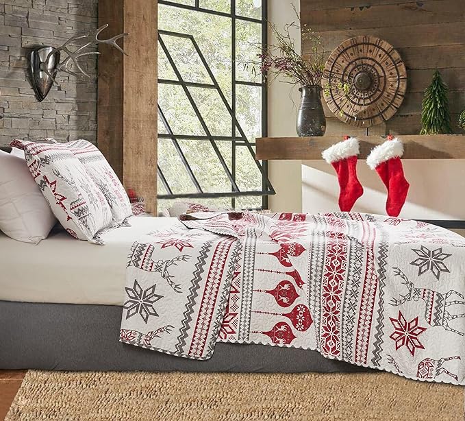 Jessy Home Christmas Quilt Set Queen Size Bedding Xmas Bedspread Coverlet Holiday Deer Snowflake Decor Soft Lightweight Bedding,Red White
