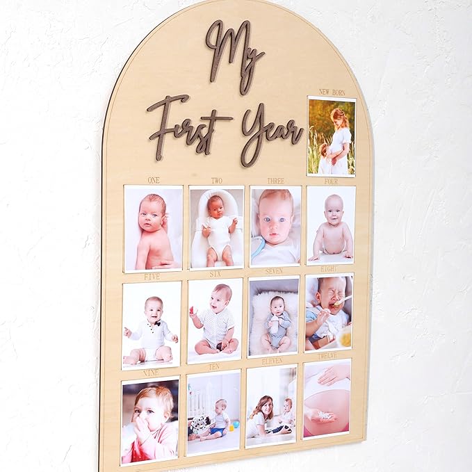 One Year Wood Photo Board - My First Year Month Milestone Board, Girl/Boy 1st Birthday Decorations, 12 Months Banner