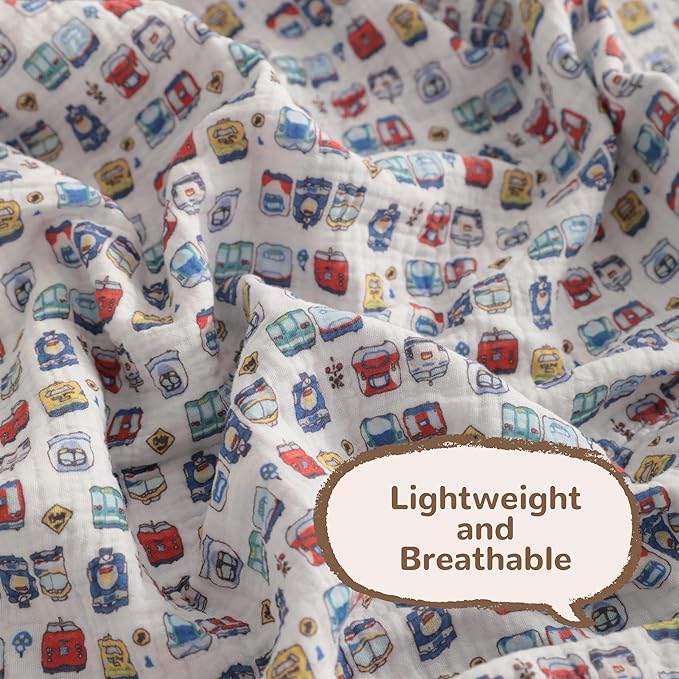 NTBAY 4 Layer Muslin Cotton Toddler Blanket, 42x60 Soft and Breathable Receiving for Newborns and Infants, Perfect for Crib, Stroller, Travel, Lightweight Nursery Blanket, Cartoon Train