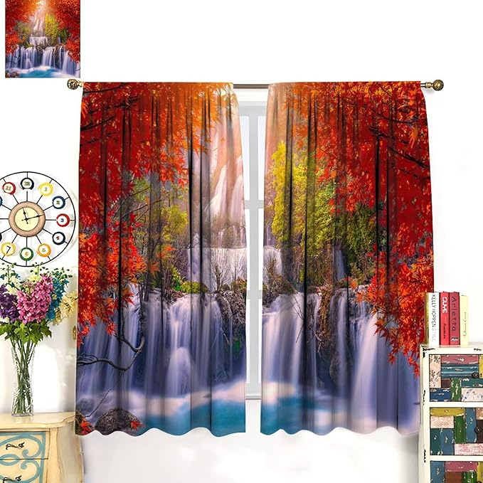 Forest Waterfall Blackout Windows Curtains, Autumn Red Green Maple Leaves Jungle Rainforest Natural Scenery Landscape Curtains, for Living Room Bedroom 63x63in 2 Panels
