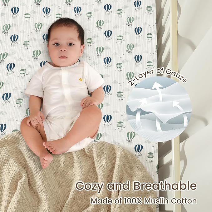 david's kids Muslin Crib Sheets for Boys Girls, 2 Pack 100% Cotton Soft Breathable Fitted Baby Neutral Sheet Set, Standard 52"x28" Crib and Toddler Mattress, Animals