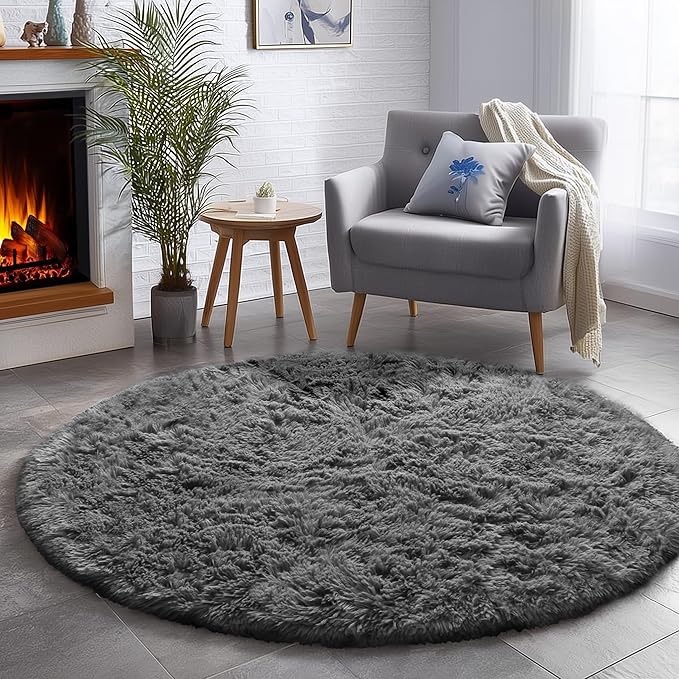 Amdrebio Grey Round Rugs 6Ft for Bedroom Living Room Decor, Fluffy Shaggy Circle Area Rug for Kids Room Classroom Playroom, Large Furry Floor Circular Gray Carpet for Teen Girls Boys Nursery Dorm