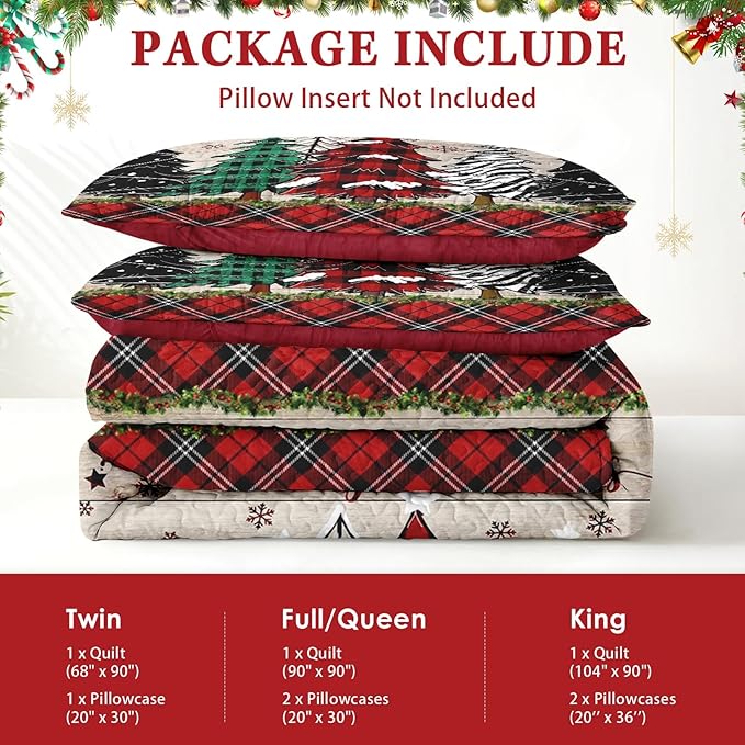 Christmas King Size Quilt Set, Black Red Plaid Lightweight Bedspread Coverlet with Pillow Shams for Kids and Adults, Retro Colorful Pine Tree 3 Pcs Bedding Bed Cover