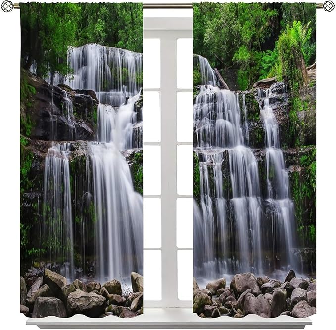 Natural Scenery Blackout Curtains, Spring Rustic Forest Waterfall River Landscape Window Drapes, for Bedroom Living Room 42" W X 54" L