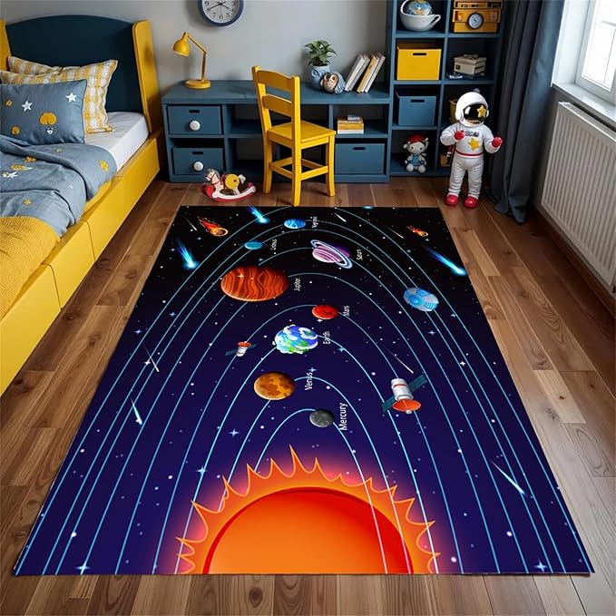 Cartoon Space Solar System Planet Area Rug,3x5ft,Outer Space Themed Rugs, Non-Slip Washable, Easy Care Rug, Suitable for Kids Playroom, Boys and Girls Room Decor